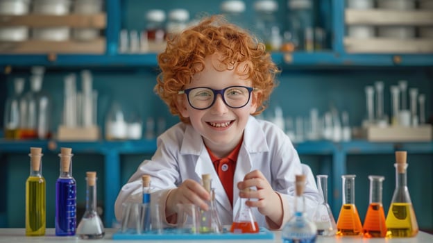 Child scientist conducts chemistry experiment in laboratory with glassware and colorful liquids photo