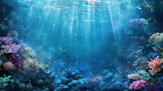 Vibrant underwater coral reef scene with sunlight photo