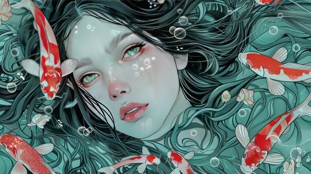 Ethereal woman surrounded by koi fish underwater illustration photo