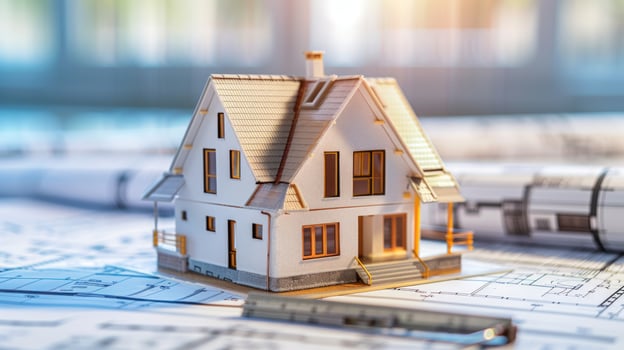 House model on blueprint architectural design and engineering concept photo