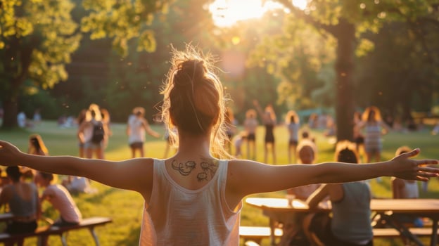 Person stretching arms in a sunny park with golden sunlight and relaxed people in the background photo