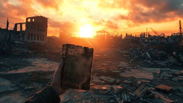 Urban ruin at sunset object held against a scene of post apocalyptic destruction photo