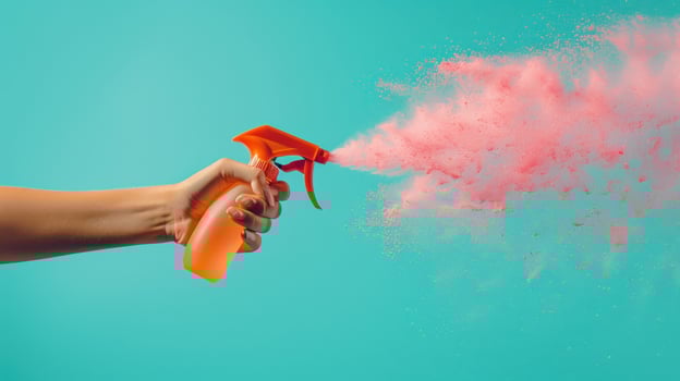 Hand holding spray bottle dispersing pink cloud on teal background photo