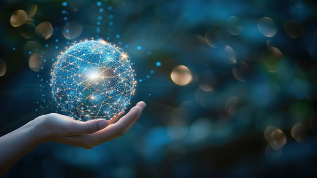 Digital network sphere in hand future technology concept photo