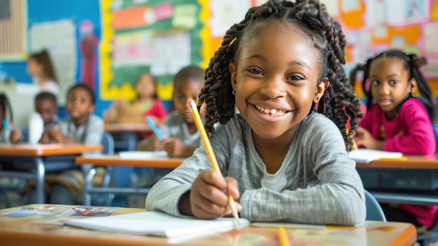 Young girl student engaged in classroom learning with pencil photo