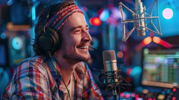 Engaged young man recording audio in vibrant studio with headphones photo