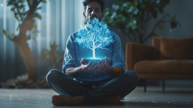 Meditative man with digital tree projection for wellness and mental health photo