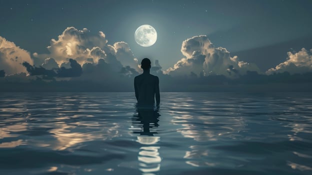 Solitary figure moonlit ocean serene night sky reflective water scenery photo