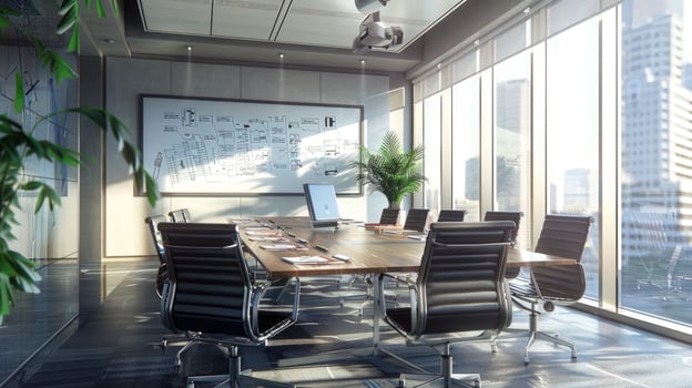 Modern conference room interior with city view and natural light for business meeting photo