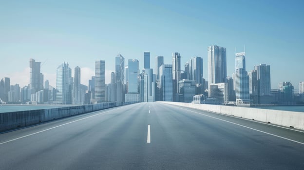 Road to cityscape skyline urban development and modern transportation photo