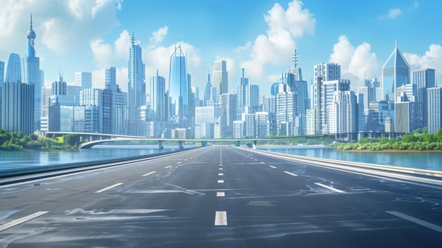 Cityscape view along asphalt road featuring urban skyline and contemporary architecture photo