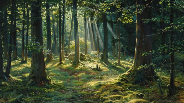 Lush forest with sunlight beams and green moss creates tranquil nature scene photo