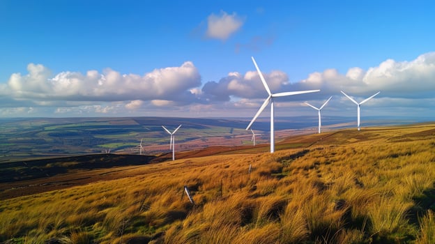 Wind turbine farm landscape with renewable energy production on sunny day photo