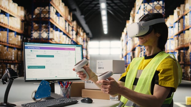 Staff wearing a VR headset for 3D simulation powered by artificial intelligence, supporting order processing and inventory control. Monitoring real time shipment parcel tracking. Camera A. photo