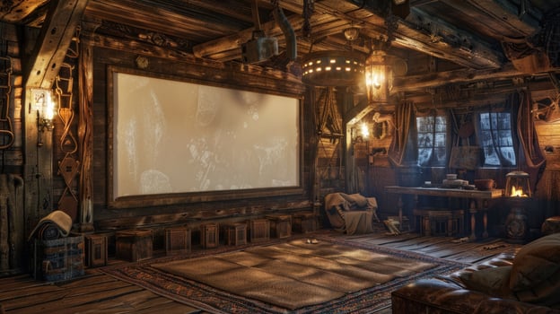 Rustic entertainment room interior with large screen and vintage design home theater photo
