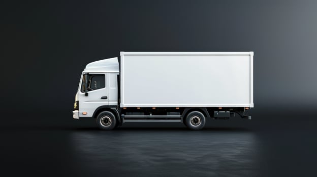 White delivery box truck isolated on dark background for transportation and logistics photo