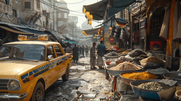 Bustling marketplace with yellow taxi and street vendors offering spices and grains photo
