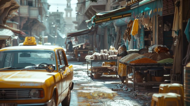 Vibrant city street with vintage taxi car and market stalls urban transportation and travel destination photo