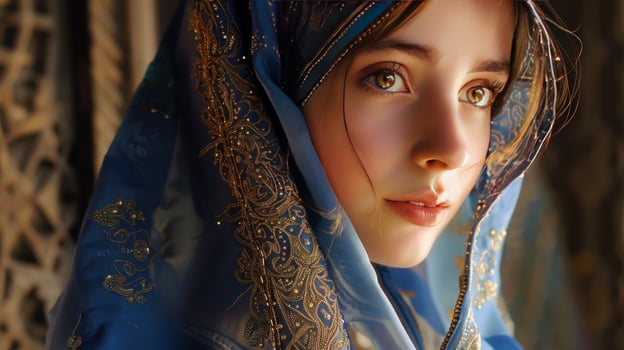 Elegant portrait of person wearing ornate head covering with golden embroidery photo