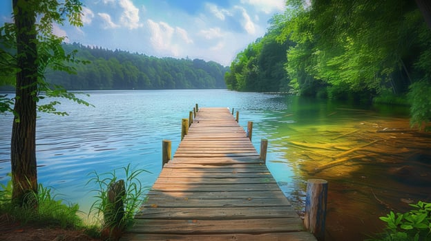 Wooden dock on calm lake surrounded by green forest under bright sky photo