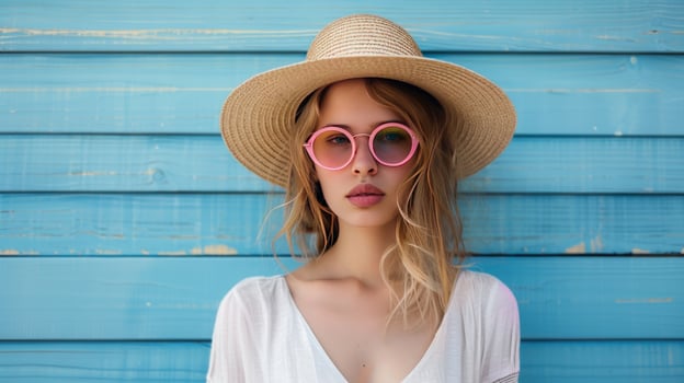 Woman posing with hat and sunglasses against blue wood background photo