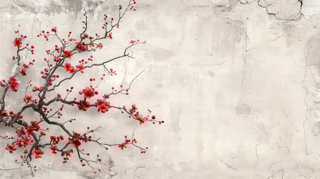 Floral branch on textured background with red blossoms abstract elegant springtime design photo