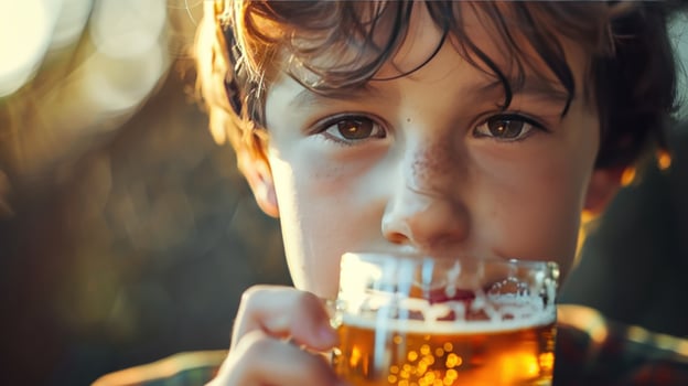 Boy holding golden beverage glass close up photo