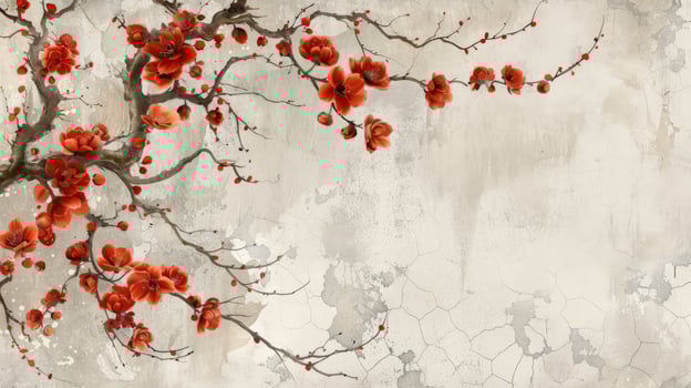 Red flower branch on textured art background nature floral blossom photo
