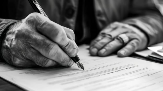 Mature hand writes with fountain pen on official document in monochrome photo
