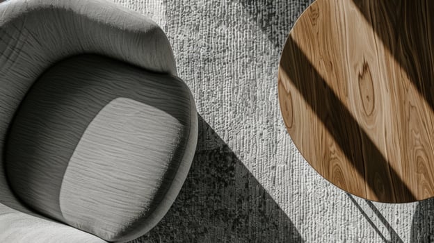 Modern interior chair and wooden table with sunlight and textured rug photo