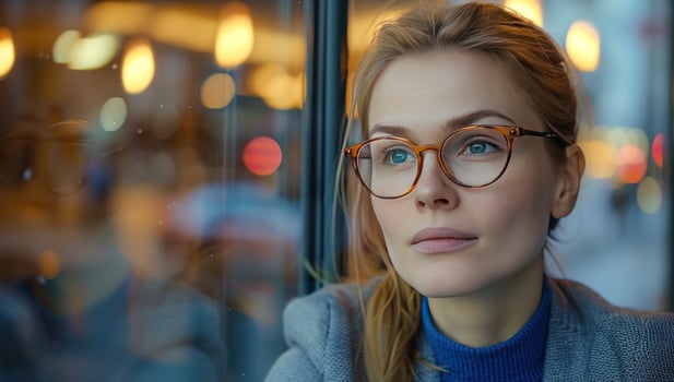 Woman looking out window thoughtful reflection of urban life photo