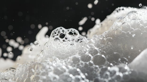 Macro white foam bubbles texture on black background photo