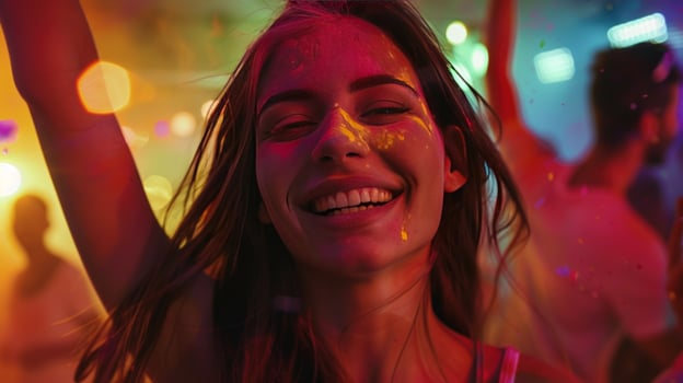 Smiling woman celebrating at a colorful party with bokeh lights and confetti photo