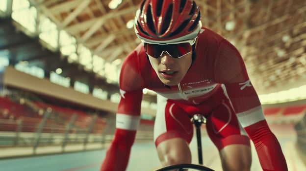 Athlete in red cycling fast in an indoor velodrome for sports fitness photo