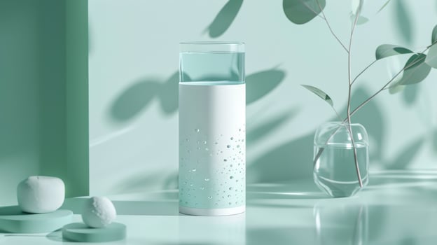 Minimalist studio scene with water cylinder geometric shapes and leaf shadows photo
