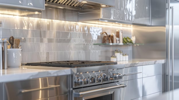Modern kitchen interior with stainless steel appliances and gray tile backsplash photo