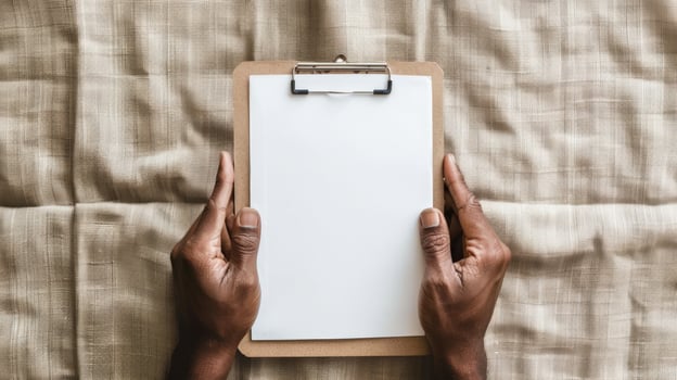 Blank clipboard held overhead on textured background for business notes and planning photo