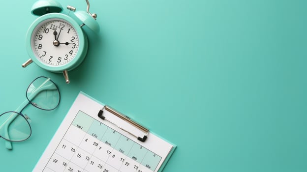 Time management tools on teal background for business planning and scheduling photo