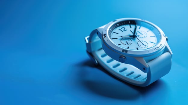 Modern wrist watch displaying time on blue background technology concept photo