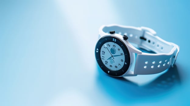 Modern white smartwatch on blue background wearable technology and lifestyle accessory photo
