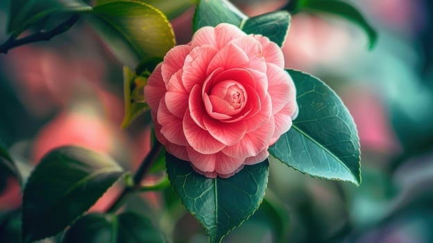 Pink flower blossom with green leaves close up floral beauty in natural light photo