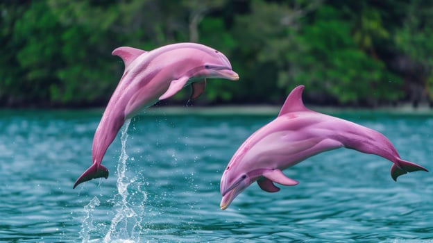 Pink dolphin leap aquatic mammal marine wildlife in tropical waters photo