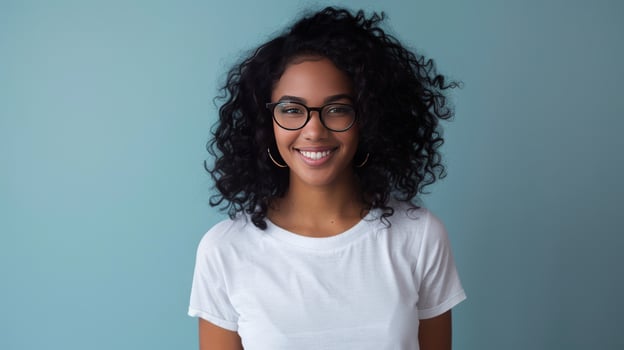 Smiling person with eyeglasses on a plain background commercial headshot photo