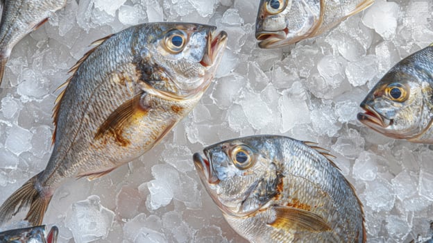 Fresh fish on ice seafood display close up photo