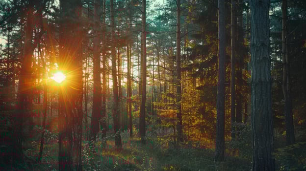 Sunlight through forest trees woodland nature scenery photo