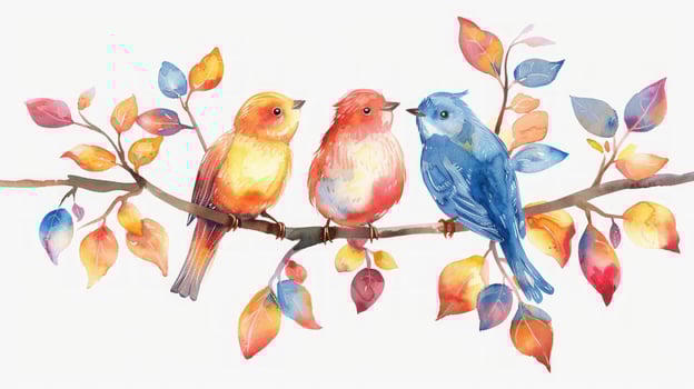 Watercolor birds on branch with colorful leaves artistic illustration photo