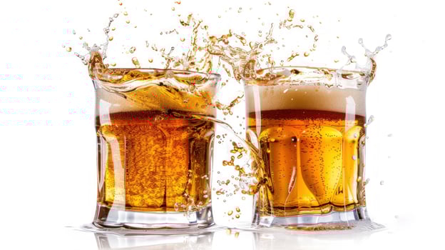 Amber beverage splash in glassware on white background refreshment concept photo