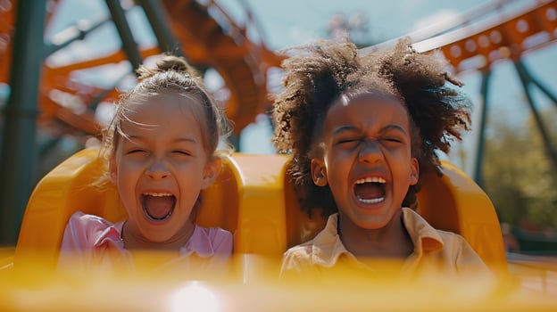 Excited young children enjoying roller coaster ride experience photo