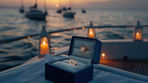 Romantic ring proposal at sea with heart shaped jewelry on boat at sunset photo