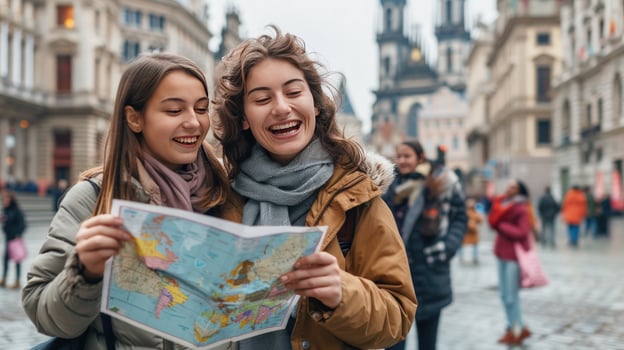 Two smiling women study map on city trip tourism and travel photo